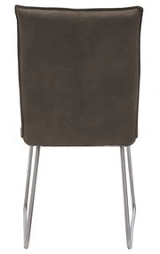 Rückansicht eines modernen Stuhls mit gepolsterter Rückenlehne und Metallbeinen.