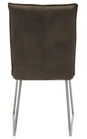 Rückansicht eines modernen Stuhls mit gepolsterter Rückenlehne und Metallbeinen.