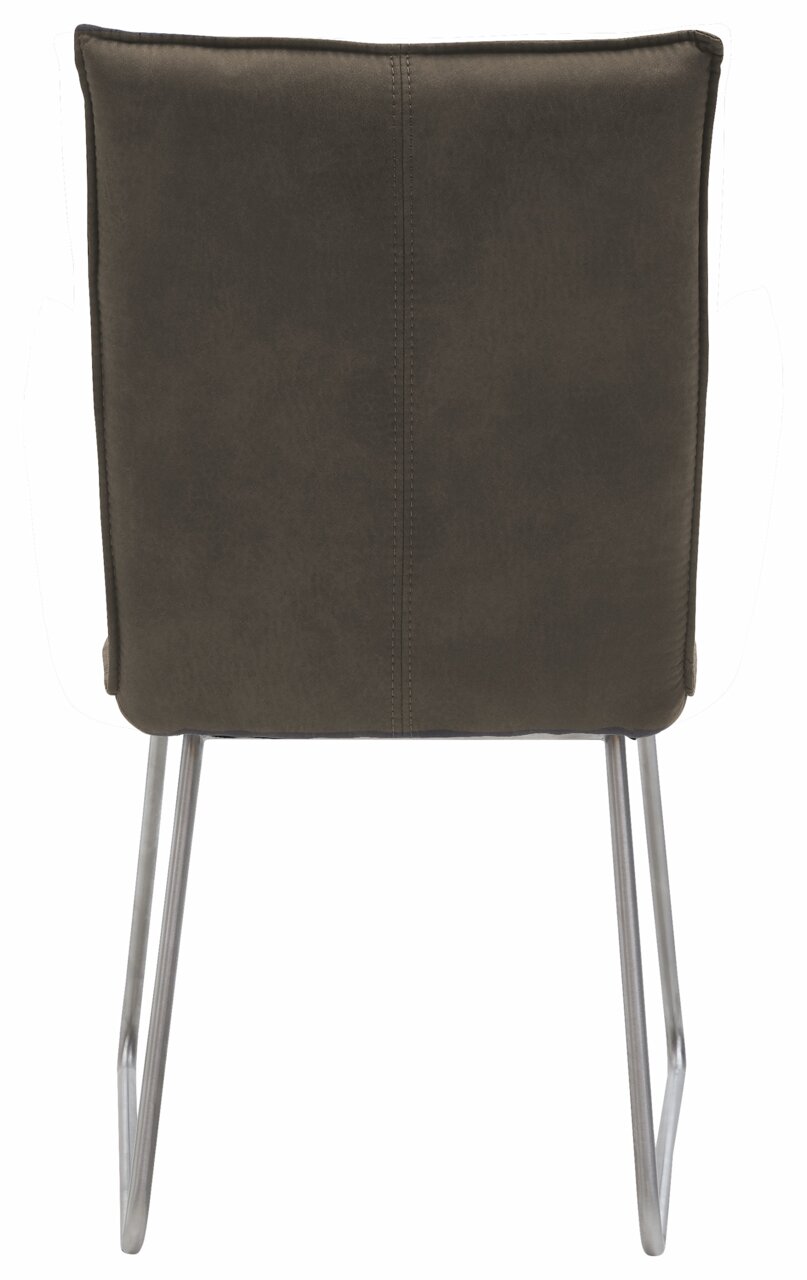 Rückansicht eines modernen Stuhls mit gepolsterter Rückenlehne und Metallbeinen.