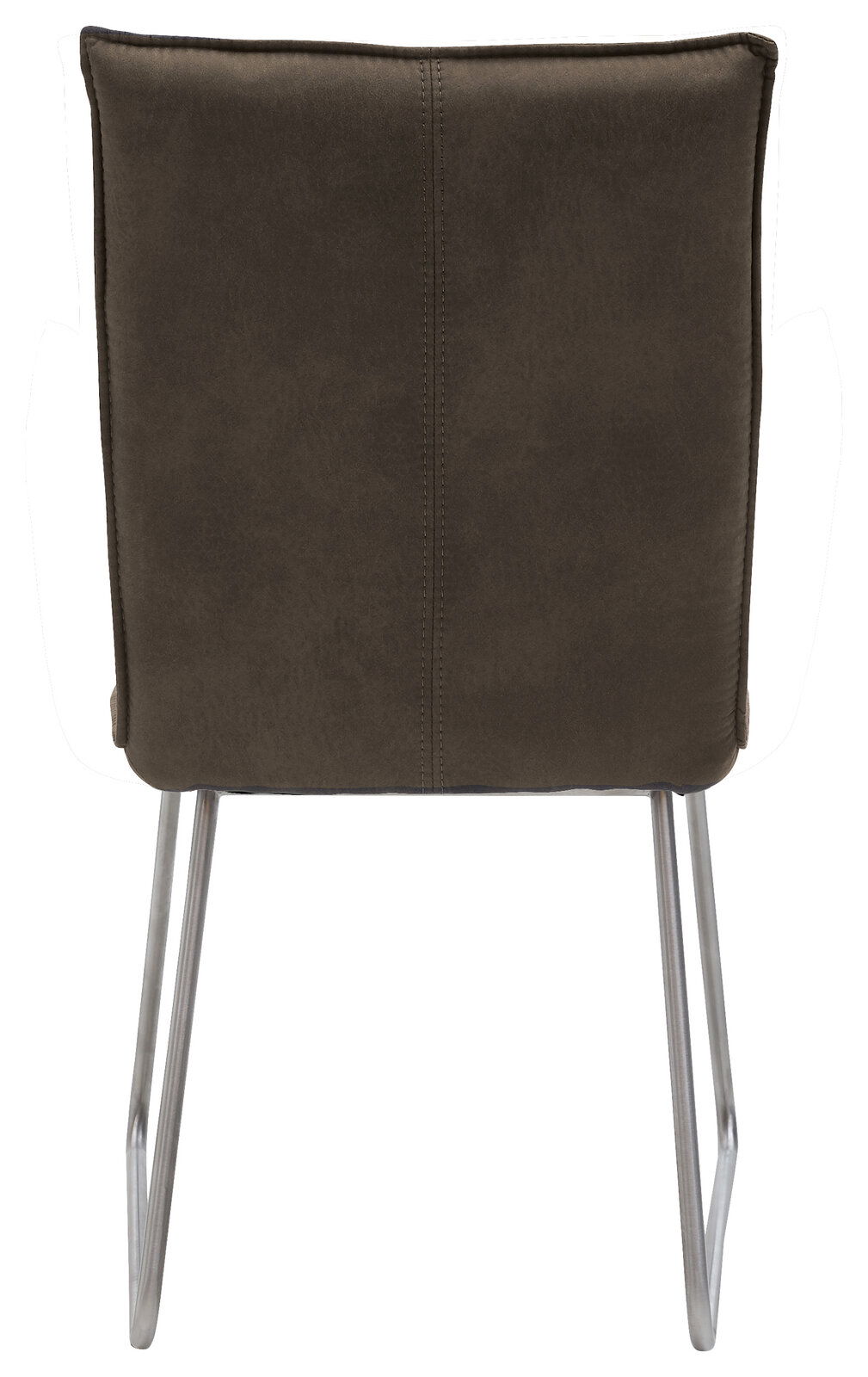 Rückansicht eines modernen Stuhls mit gepolsterter Rückenlehne und Metallbeinen.