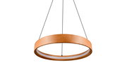 Moderne Pendelleuchte aus Holz in Ringform, von unten betrachtet