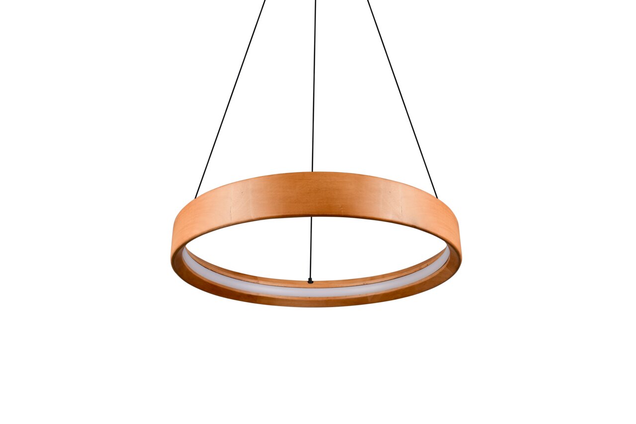 Moderne Pendelleuchte aus Holz in Ringform, von unten betrachtet