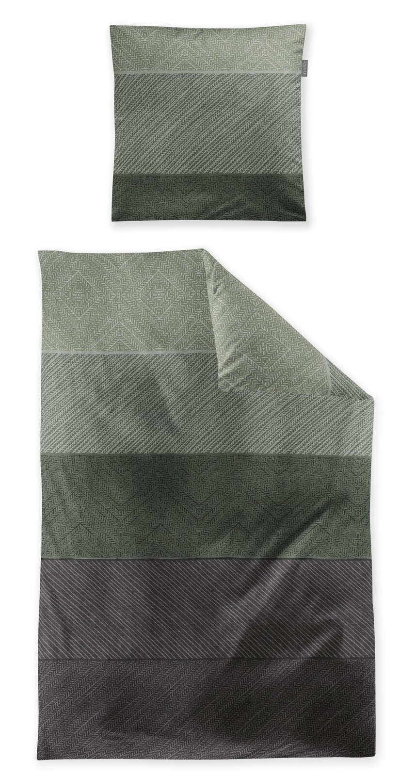 Bettwäsche-Set in verschiedenen Grautönen mit geometrischem Muster, Draufsicht