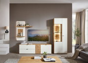Moderne wandcombinatie in een woonkamer, bestaande uit een tv-kast, planken en een hoge kast met glazen deuren, gezien vanuit een vooraanzicht.