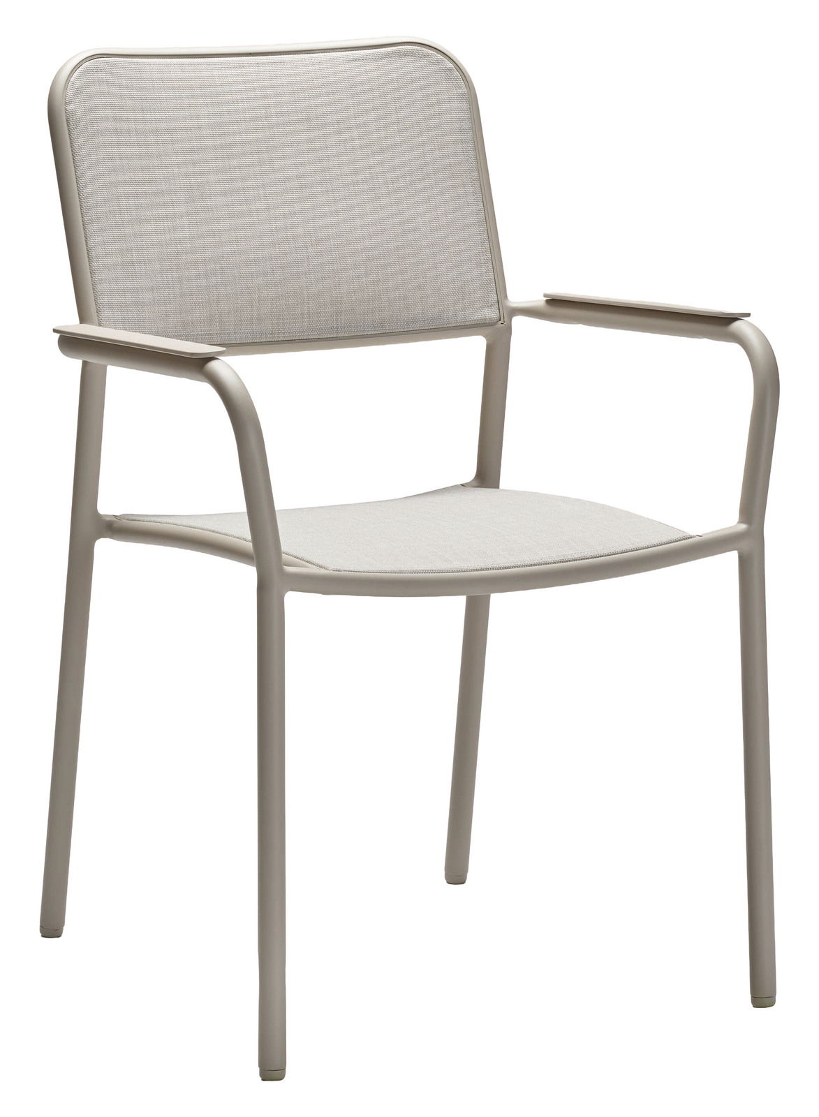 Moderner Stapelsessel aus Metall mit Armlehnen, seitliche Perspektive