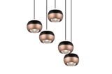 Fünf moderne Pendelleuchten in Kugelform mit bronzefarbenem und schwarzem Design, von unten betrachtet.