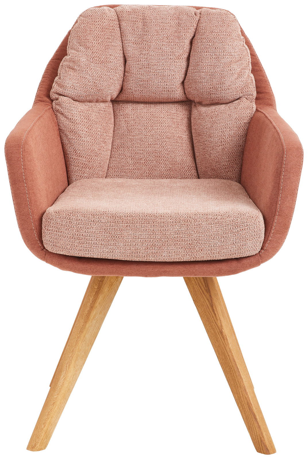 Vorderansicht eines modernen Sessels mit rosa Polsterung und Holzbeinen
