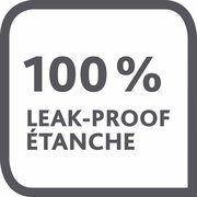 Vorderansicht eines quadratischen Symbols mit der Aufschrift '100% LEAK-PROOF ÉTANCHE', das die Auslaufsicherheit der Emsa Frischhaltedosen-Serie CLIP&CLOSE hervorhebt.
