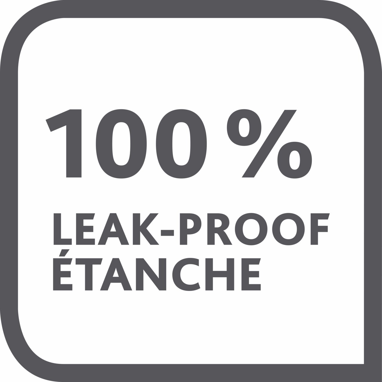 Vorderansicht eines quadratischen Symbols mit der Aufschrift '100% LEAK-PROOF ÉTANCHE', das die Auslaufsicherheit der Emsa Frischhaltedosen-Serie CLIP&CLOSE hervorhebt.