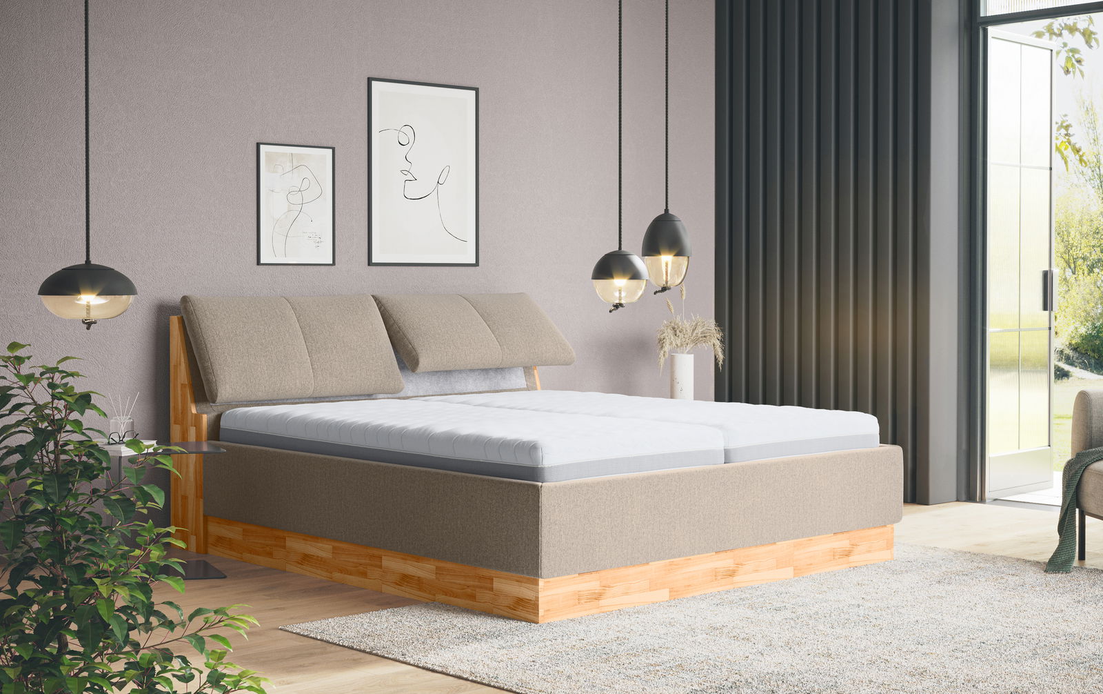 Modernes Polsterbett in einem stilvollen Schlafzimmer, seitliche Perspektive mit hölzernem Rahmen und bequemen Kopfstützen.