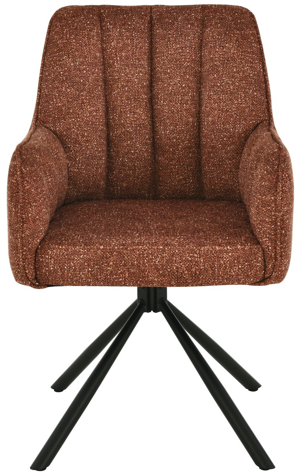 Vorderansicht eines braunen Armlehnstuhls mit gepolstertem Sitz und schwarzen Metallbeinen.