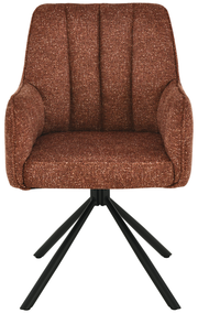 Vorderansicht eines braunen Armlehnstuhls mit gepolstertem Sitz und schwarzen Metallbeinen.