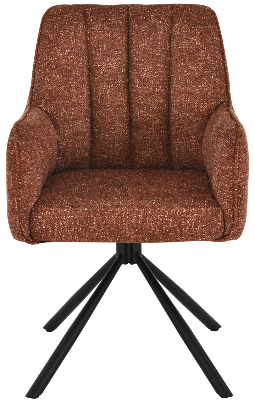 Vorderansicht eines braunen Armlehnstuhls mit gepolstertem Sitz und schwarzen Metallbeinen.