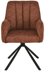 Vorderansicht eines braunen Armlehnstuhls mit gepolstertem Sitz und schwarzen Metallbeinen.