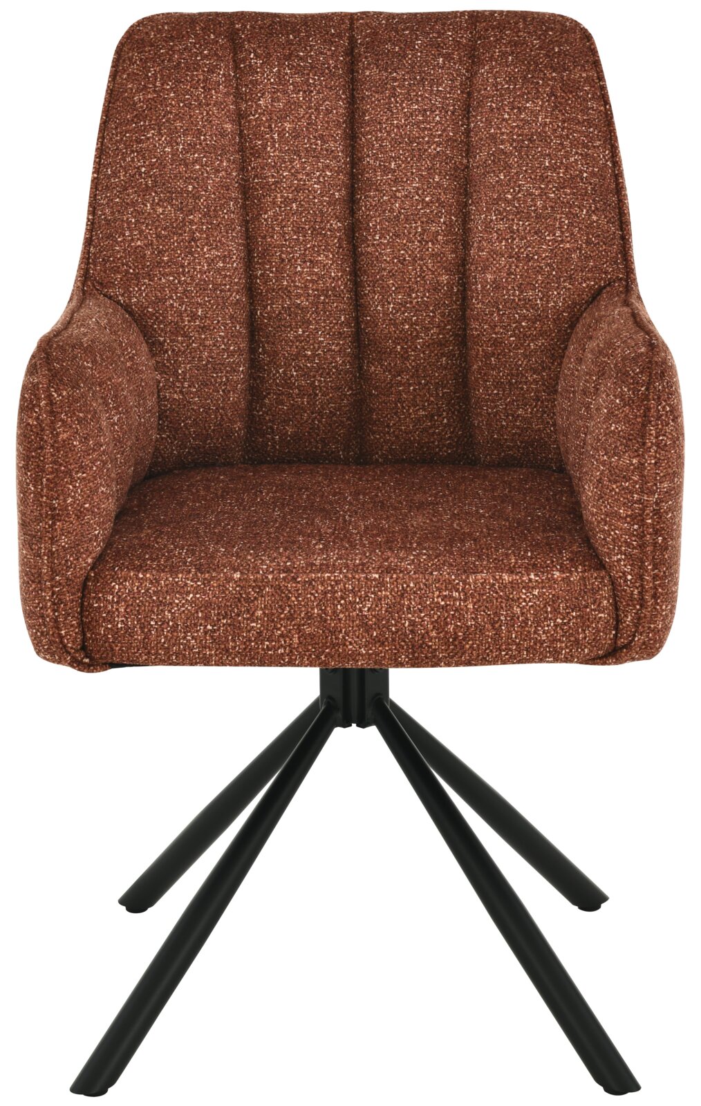 Vooraanzicht van een bruine fauteuil met gestoffeerde zitting en zwarte metalen poten.