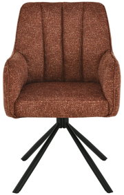 Vooraanzicht van een bruine fauteuil met gestoffeerde zitting en zwarte metalen poten.