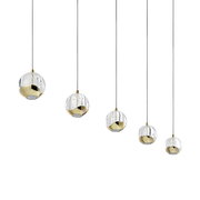 Fünf elegante LED-Hängeleuchten mit goldenen Akzenten und klaren Glaskugeln, von der Seite betrachtet.