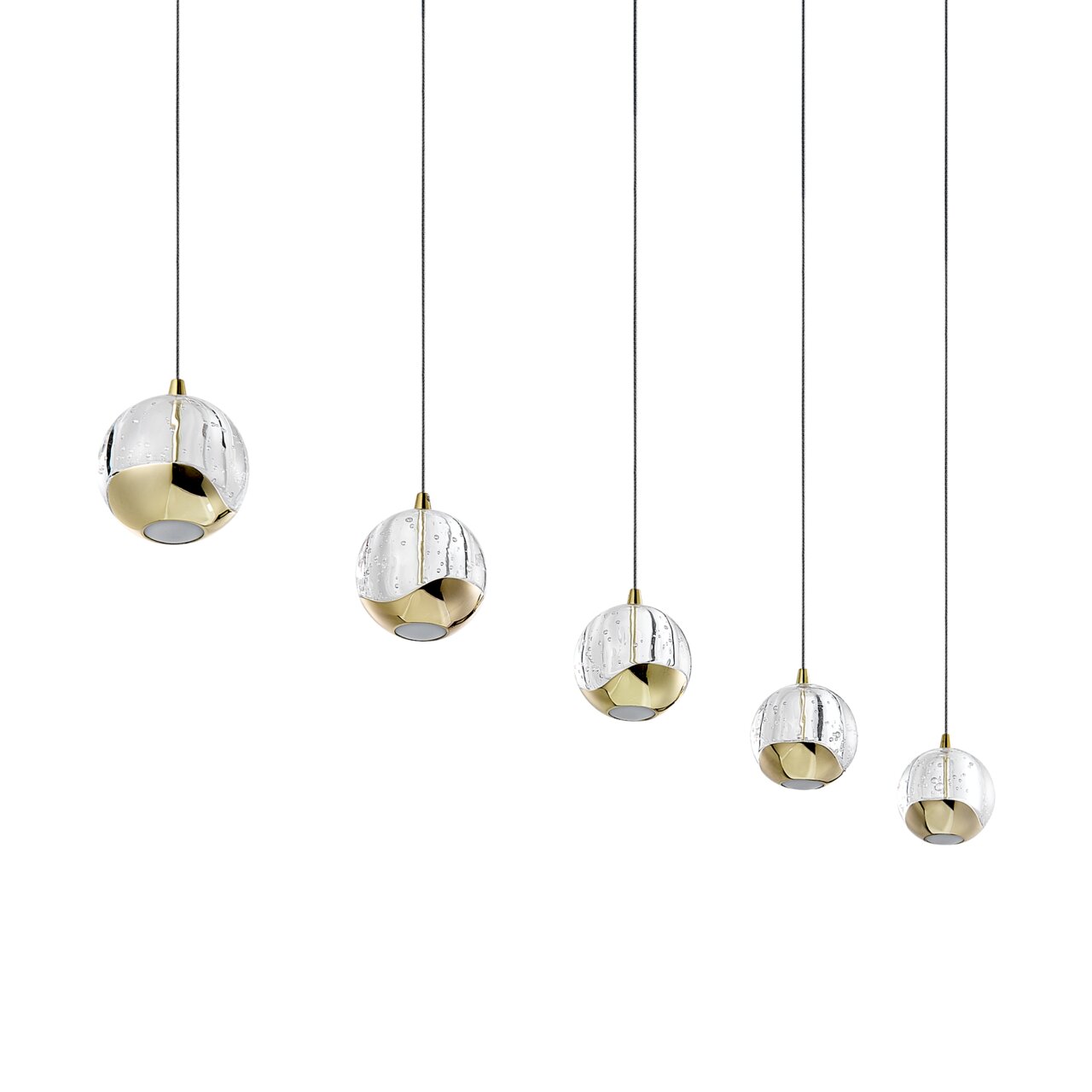Fünf elegante LED-Hängeleuchten mit goldenen Akzenten und klaren Glaskugeln, von der Seite betrachtet.