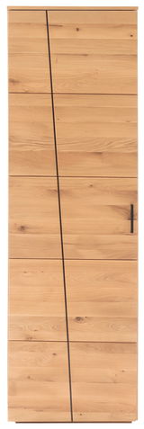 Frontansicht eines modernen Garderobenschranks aus Holz mit schrägen Linien und einem schwarzen Griff.