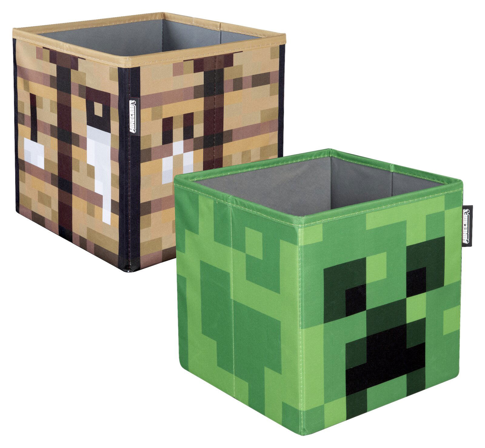 Zurbrüggen Stoffen bakjes (set van 2) MINECRAFT Zwei quadratische Aufbewahrungsboxen im Minecraft-Design (grün und braun), geöffnet, in schräger Vorderansicht von oben vor weißem Hintergrund