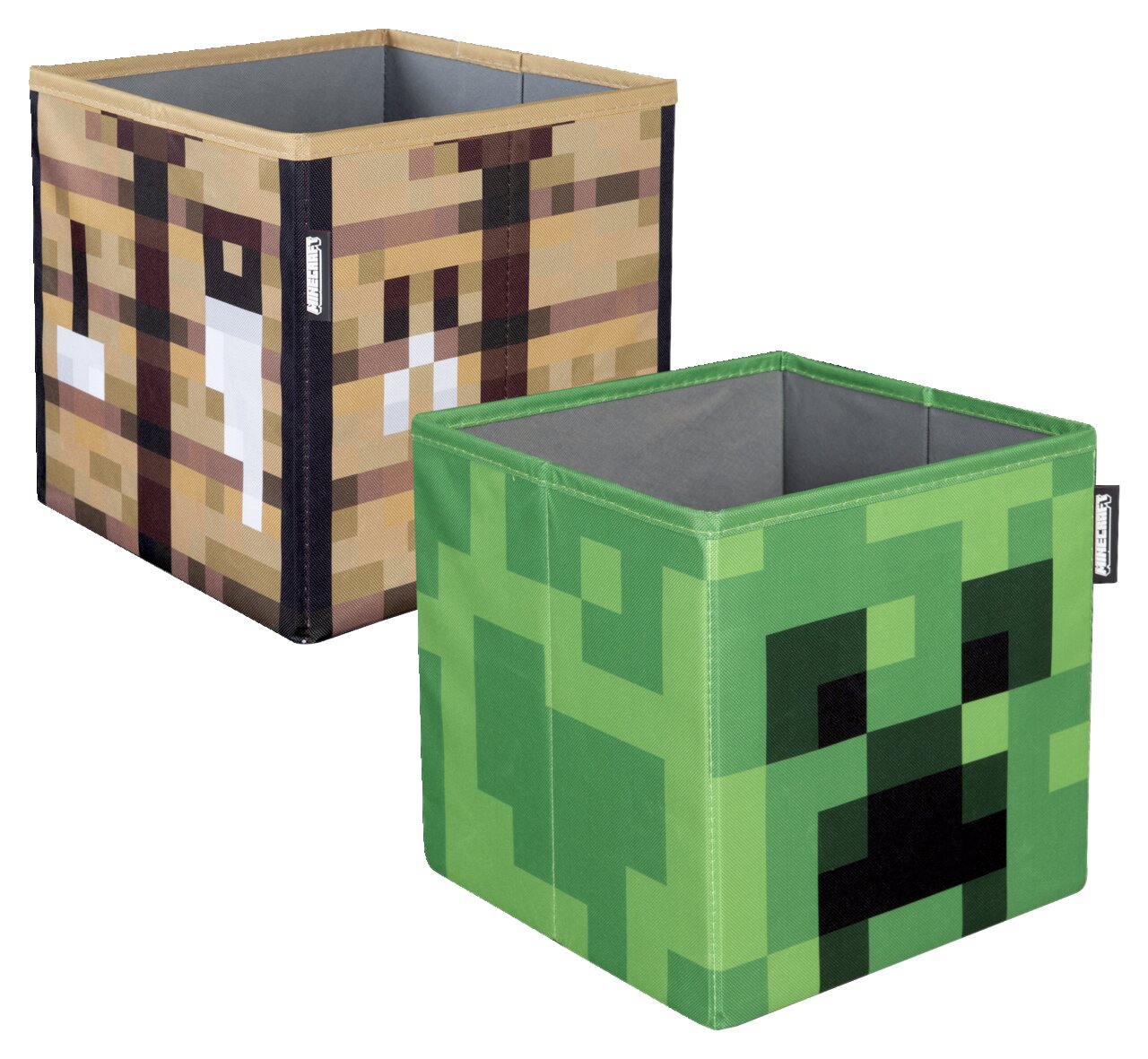 Zurbrüggen Stoffen bakjes (set van 2) MINECRAFT Twee vierkante opbergdozen in Minecraft-stijl (groen en bruin), open, in een schuin vooraanzicht van bovenaf tegen een witte achtergrond