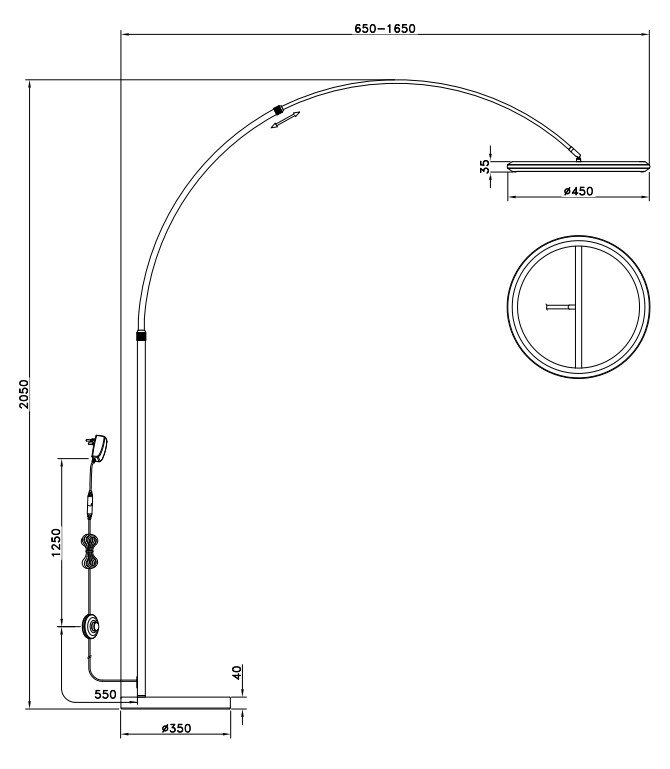 Technische Zeichnung einer LED-Bogenleuchte, seitliche Perspektive mit Maßen und Details der Konstruktion.