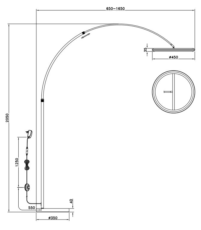 Trio Leuchten LED-Bogenleuchte AMADOR Technische Zeichnung einer LED-Bogenleuchte, seitliche Perspektive mit Maßen und Details der Konstruktion.