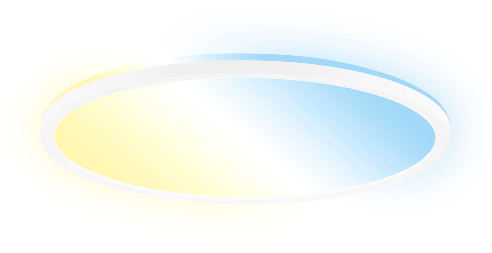 Runde LED-Deckenleuchte mit weißem Rahmen, die von unten betrachtet wird und warmes gelbes sowie kühles blaues Licht ausstrahlt.