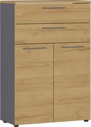 Moderner Aktenschrank in Holzoptik mit zwei Schubladen und zwei Türen, seitliche Perspektive