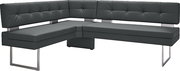 Eckbank in dunklem Leder mit modernem Design, seitliche Perspektive