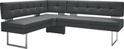 Eckbank in dunklem Leder mit modernem Design, seitliche Perspektive