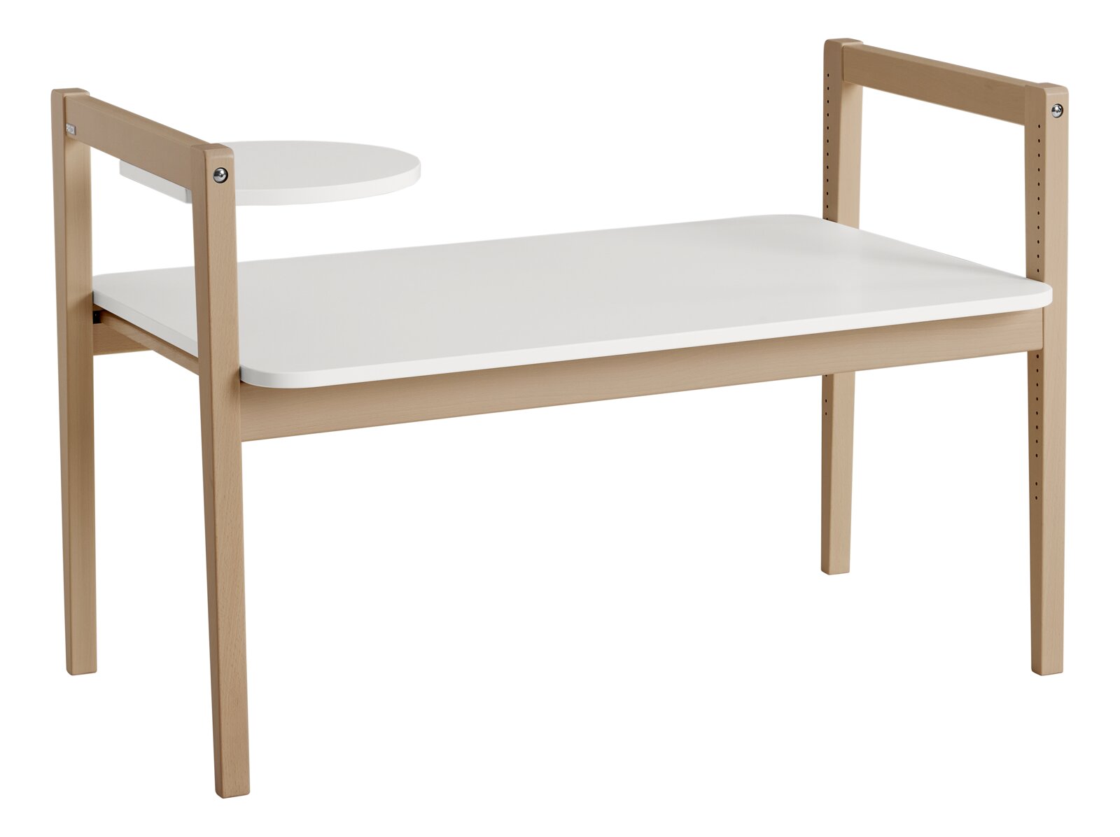 Tafelblad Tiny Table van licht hout met een wit oppervlak, zijaanzicht