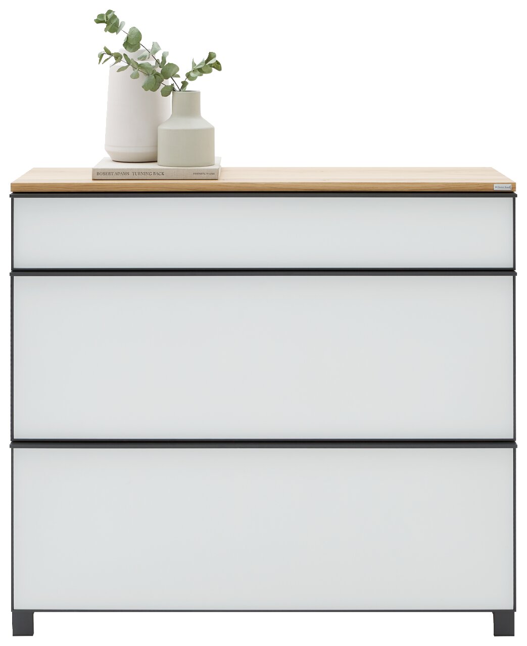 Moderne ladekast met drie greeploze lades, lichtgrijze fronten en een zwart frame, evenals een houten blad, versierd met een vaas en eucalyptus; vooraanzicht op een witte achtergrond.