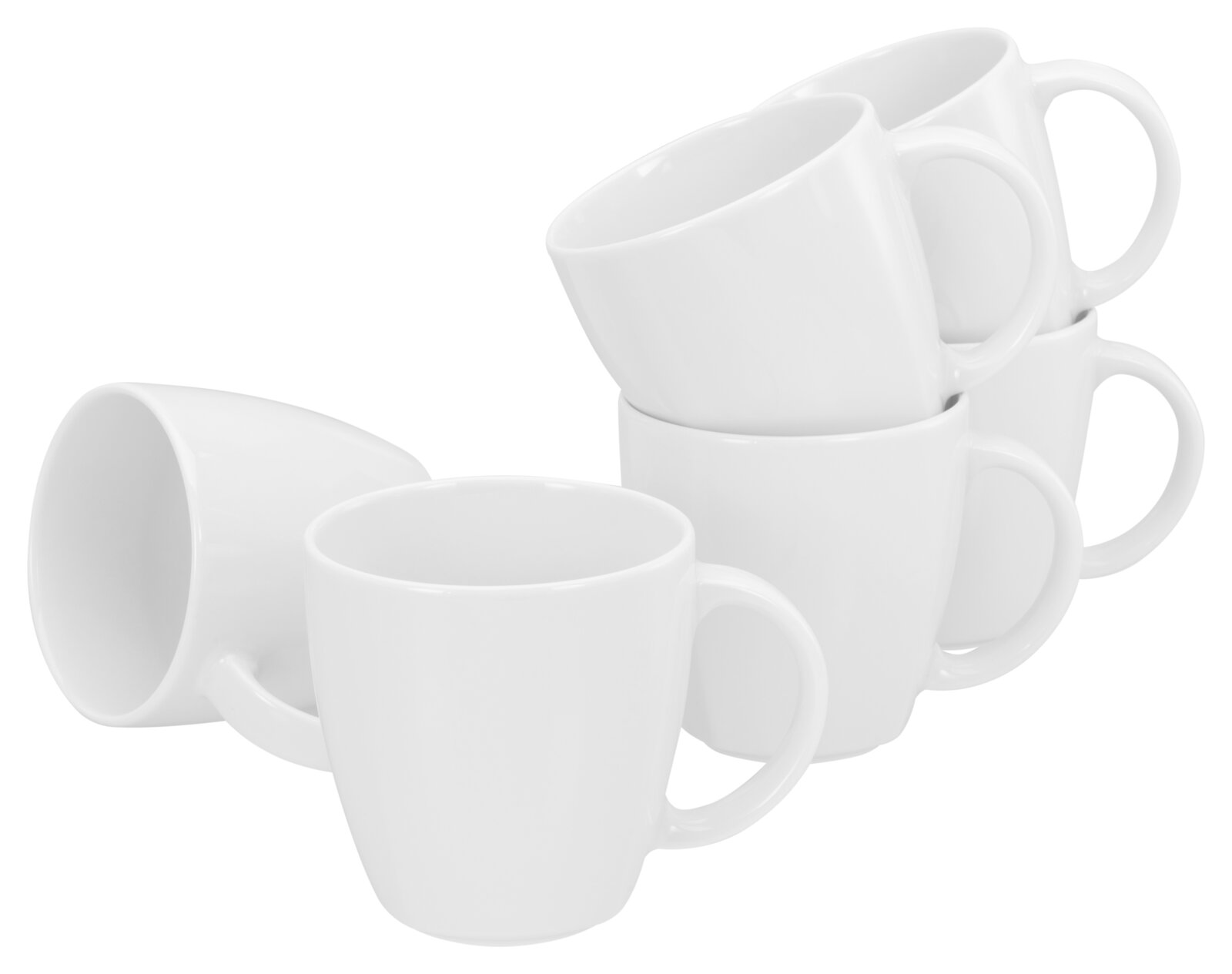 creaTable Kaffeebecher 6-tlg VICTORIA Fünf weiße Keramik-Kaffeetassen, teils gestapelt, in schräger Frontansicht vor weißem Hintergrund
