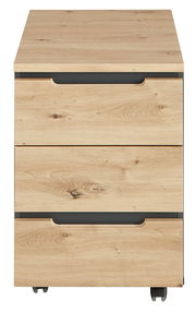 Frontansicht eines Rollcontainers aus Holz mit drei Schubladen und Rollen.