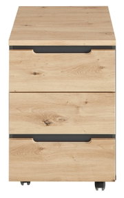 Frontansicht eines Rollcontainers aus Holz mit drei Schubladen und Rollen.