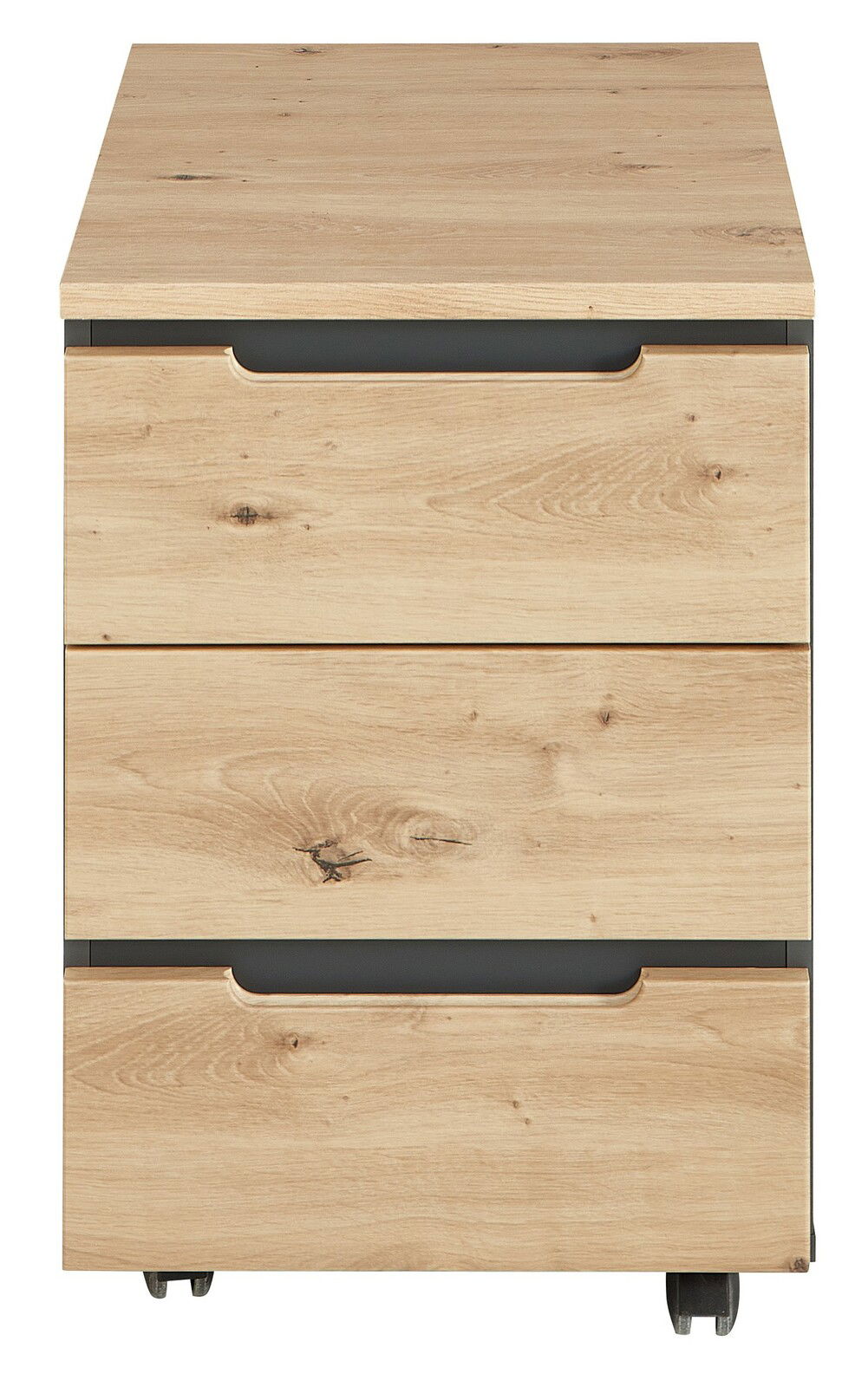 Frontansicht eines Rollcontainers aus Holz mit drei Schubladen und Rollen.