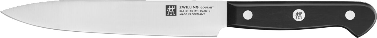 Küchenmesser aus der Seitenansicht mit schwarzem Griff und Edelstahlklinge, Teil des Messerblocks Gourmet 7-tlg.