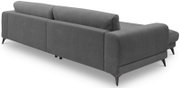 Graues L-förmiges Ecksofa mit Recamiere, Stoffbezug und schwarzen Metallfüßen, Ansicht von hinten schräg rechts auf weißem Hintergrund