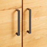 Nahaufnahme von zwei schwarzen Griffen an einer Holztür eines Regalschranks, frontal betrachtet.