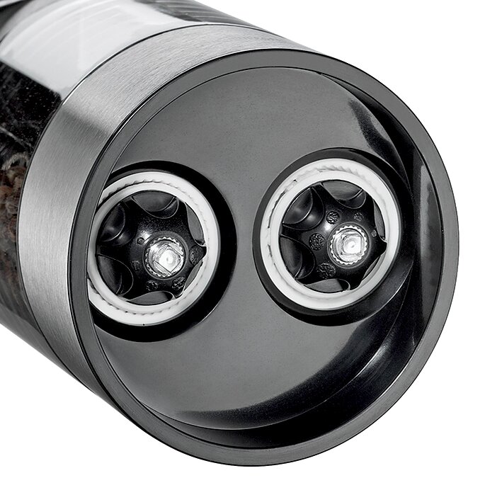 Nahaufnahme der Unterseite einer Kombimühle TRATTORIA mit zwei Mahlwerken aus der Perspektive von unten.