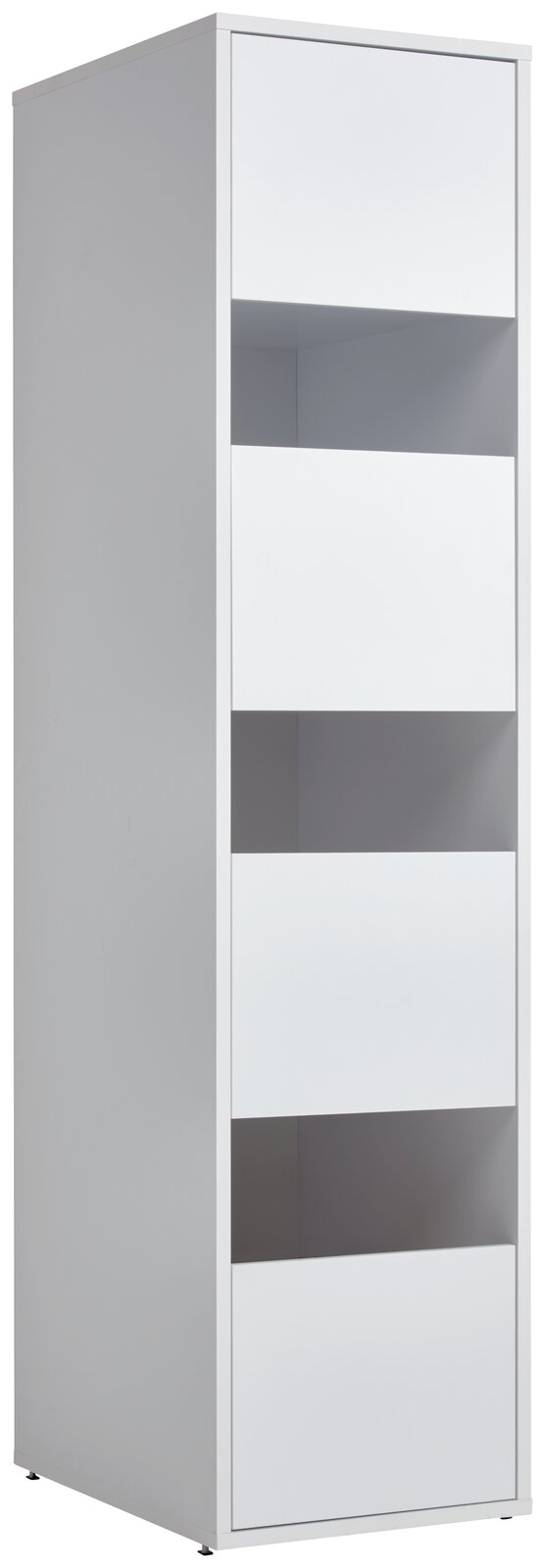 Weißer Wäscheschrank mit vier offenen Fächern, seitliche Perspektive