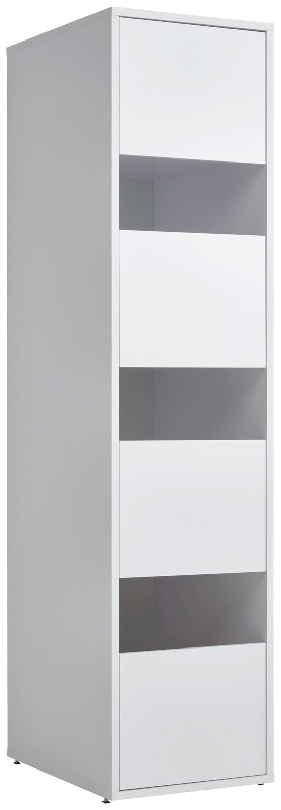 Weißer Wäscheschrank mit vier offenen Fächern, seitliche Perspektive