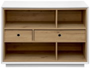 Büroschrank mit zwei Schubladen und mehreren offenen Fächern, Frontansicht