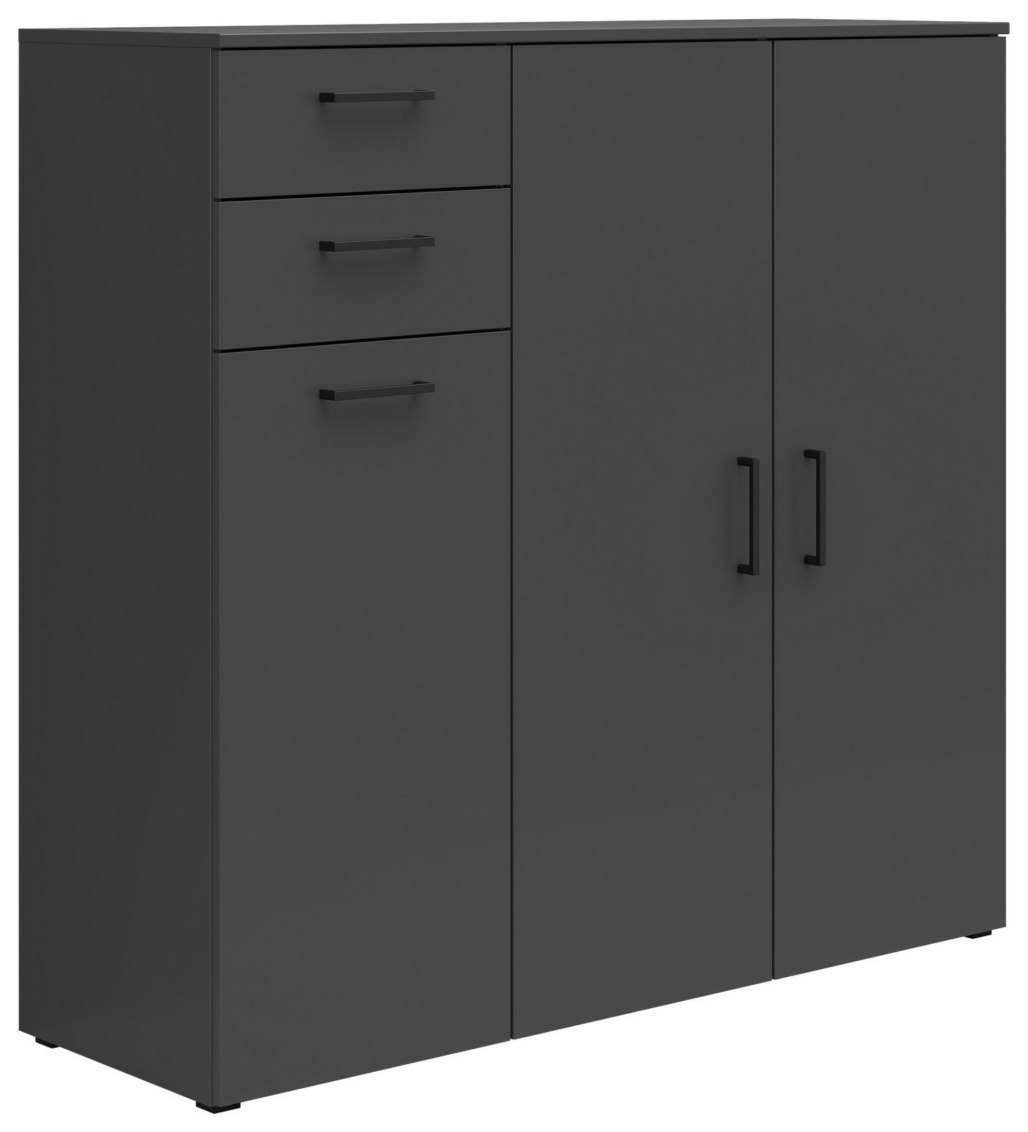 Carryhome Kommode MULTISTAURAUM Schwarze Kommode mit drei Schubladen und zwei Türen, seitliche Perspektive