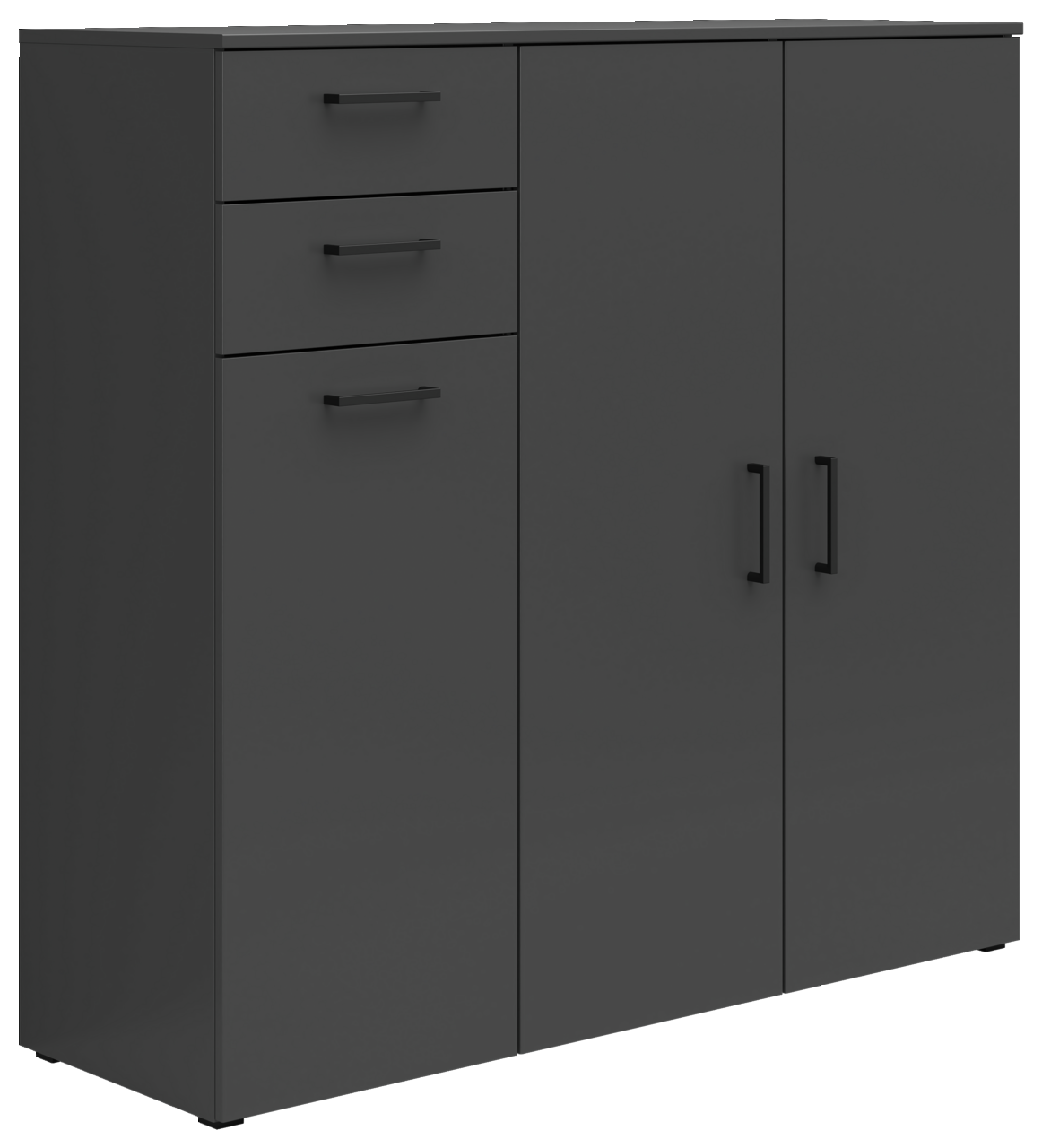 Carryhome Kommode MULTISTAURAUM Schwarze Kommode mit drei Schubladen und zwei Türen, seitliche Perspektive