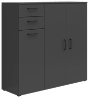 Schwarze Kommode mit drei Schubladen und zwei Türen, seitliche Perspektive