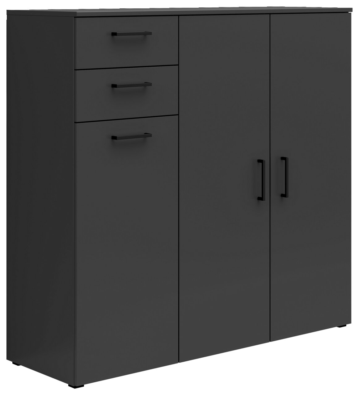Carryhome Kommode MULTISTAURAUM Schwarze Kommode mit drei Schubladen und zwei Türen, seitliche Perspektive