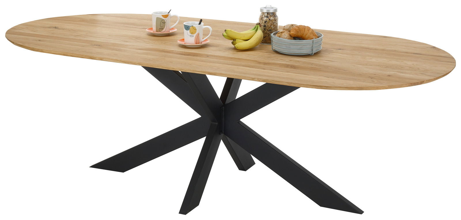 Moderner Esstisch mit ovaler Holzplatte und schwarzem Metallgestell, seitliche Perspektive