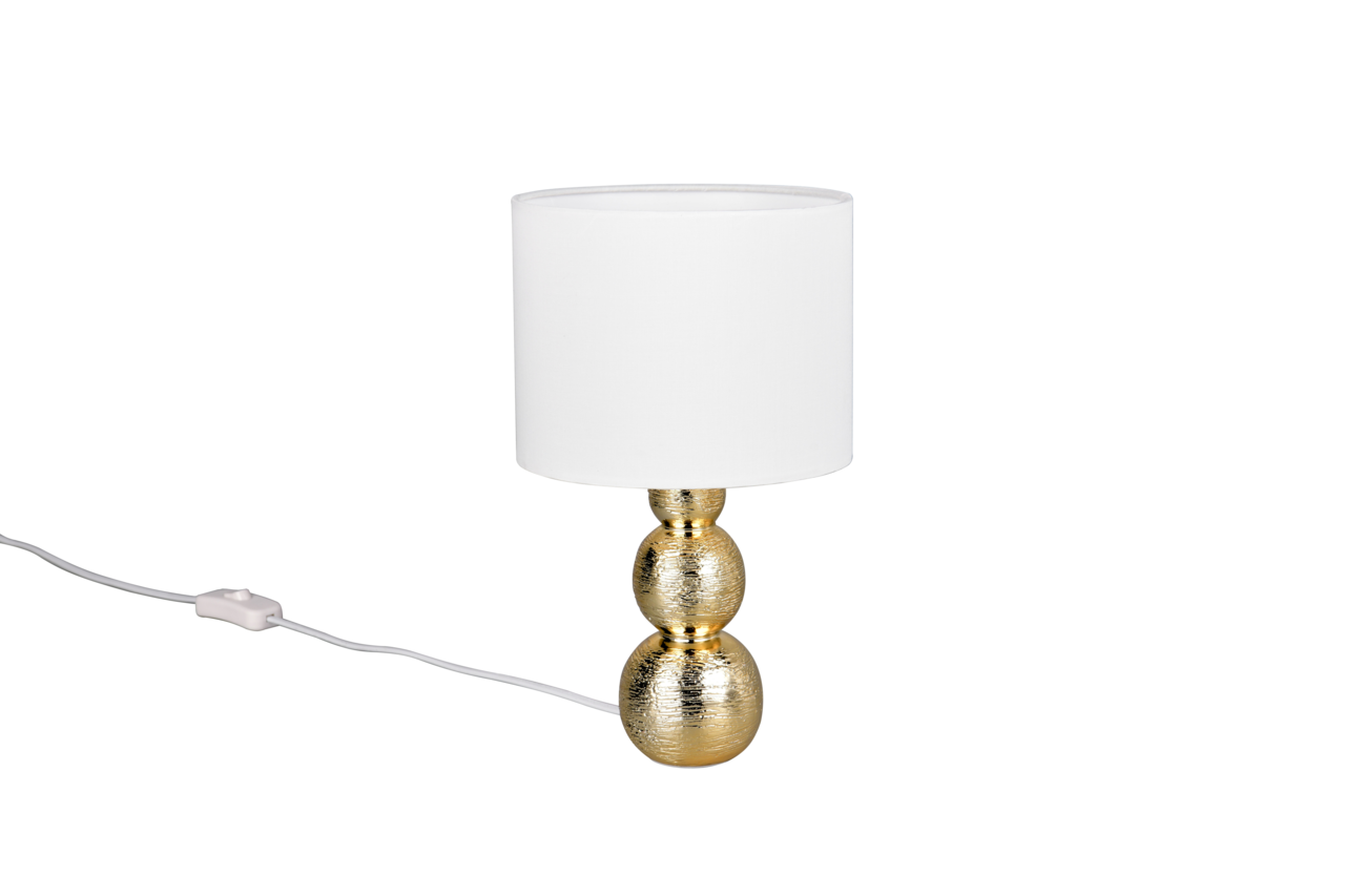 Elegante Tischleuchte mit weißem Lampenschirm und goldenem, strukturiertem Sockel, seitliche Perspektive